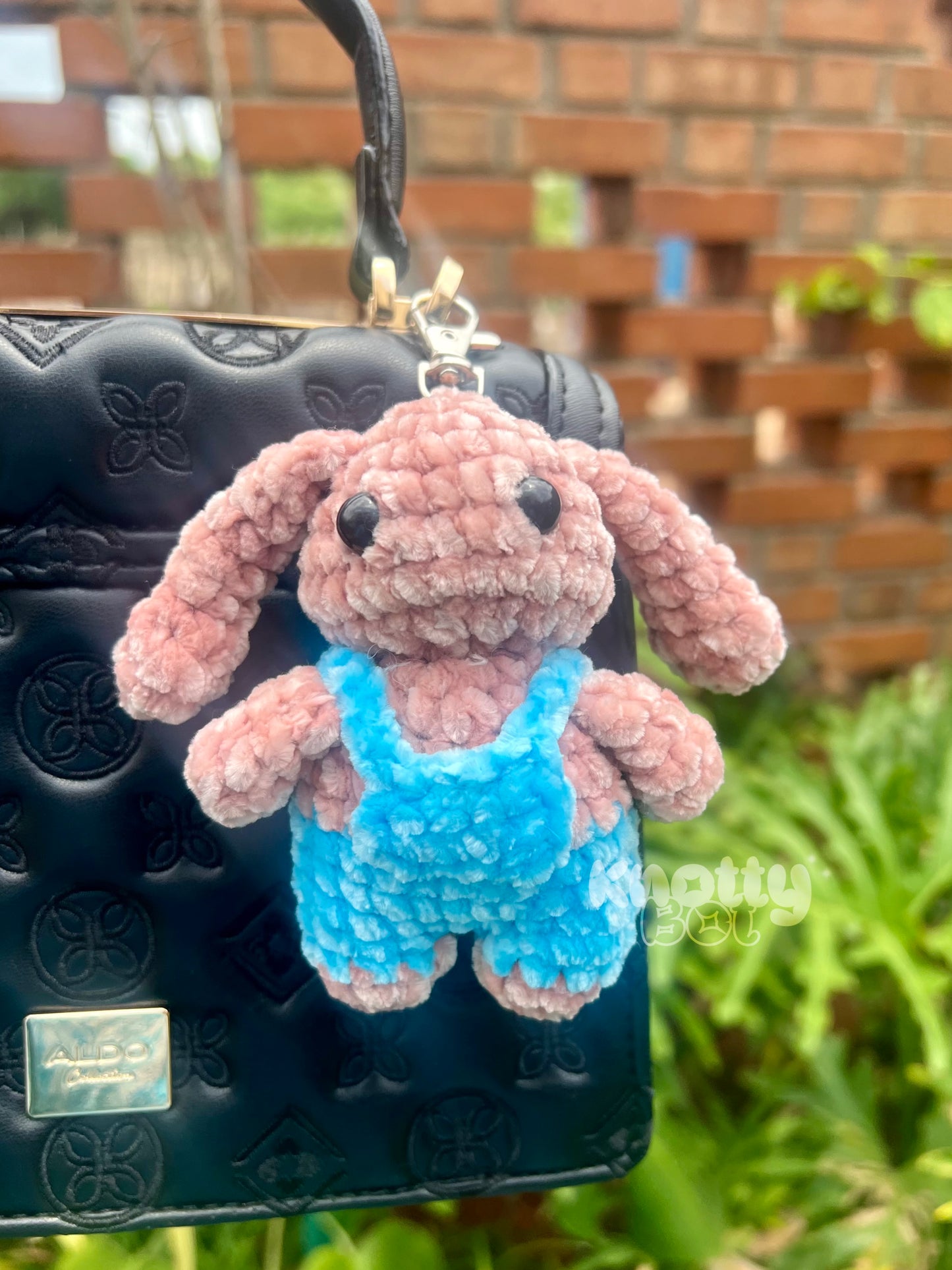 Cute kawaai plush bunny keychain / bag charm in blue overalls in India