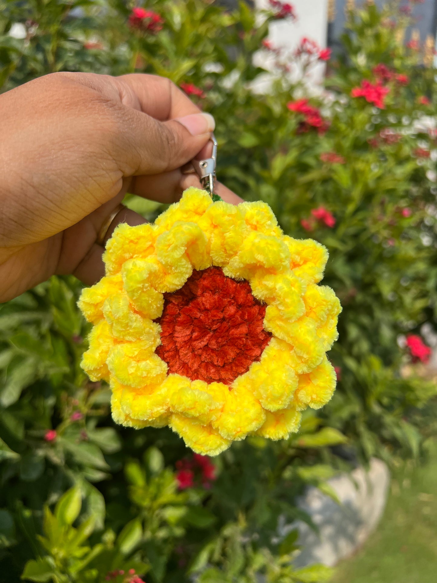 Crochet handmade double petal sunflower bag charm keychain in India