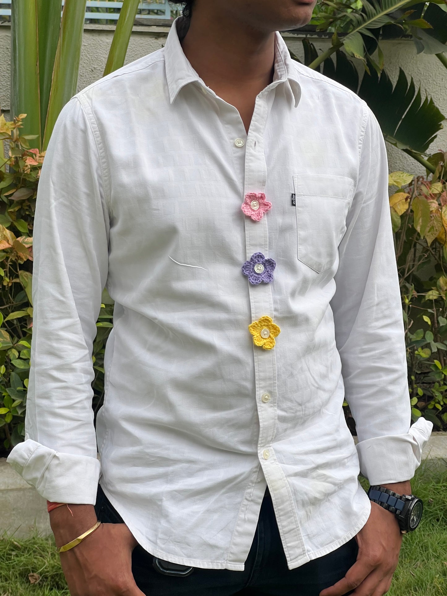 Pastel combination flowers crochet button accessory (handmade) [light pink, purple, yellow] assorted