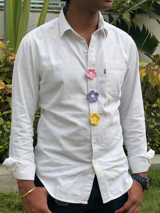 Pastel combination flowers crochet button accessory (handmade) [light pink, purple, yellow] assorted