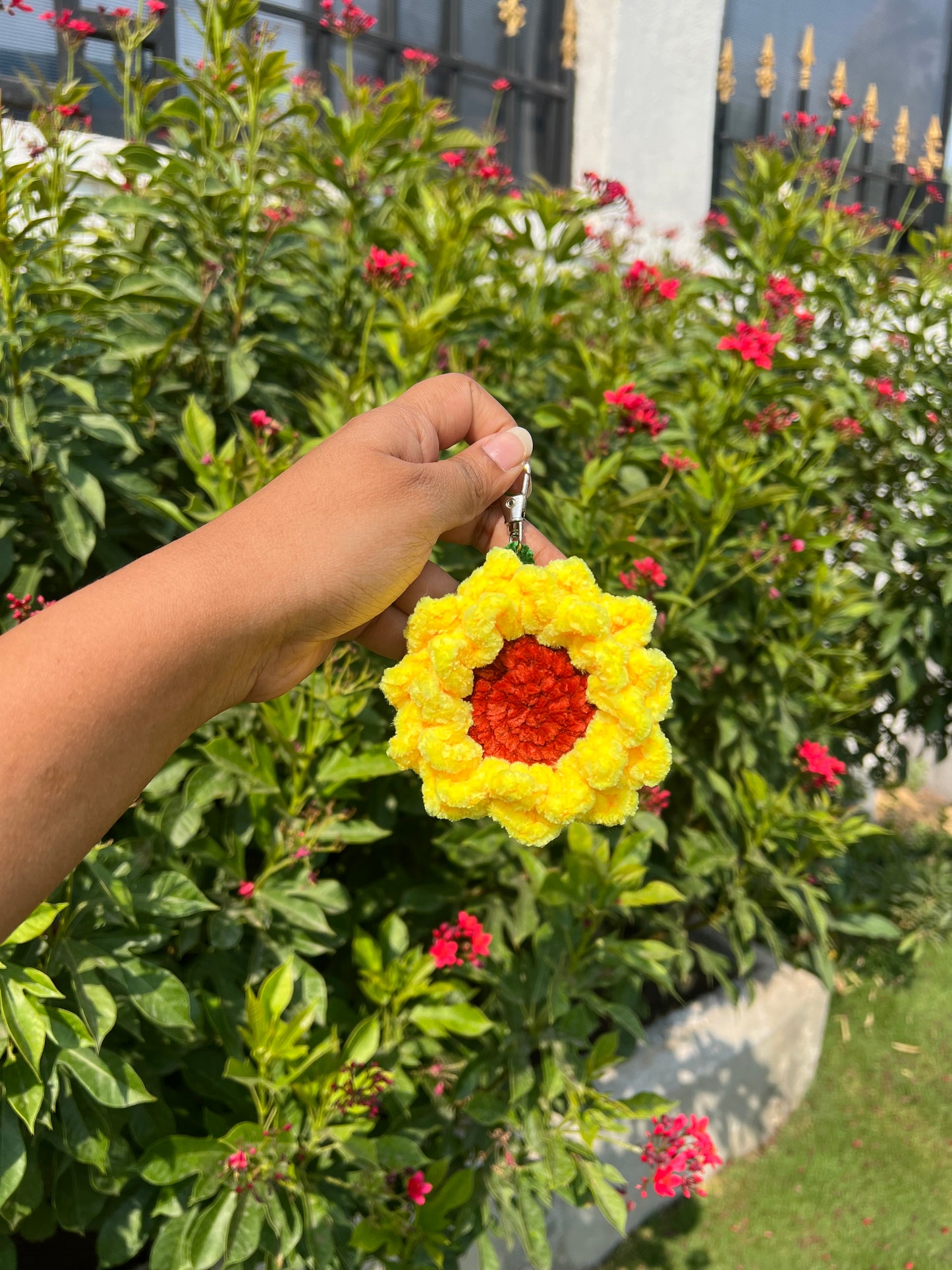 Crochet handmade double petal sunflower bag charm keychain in India