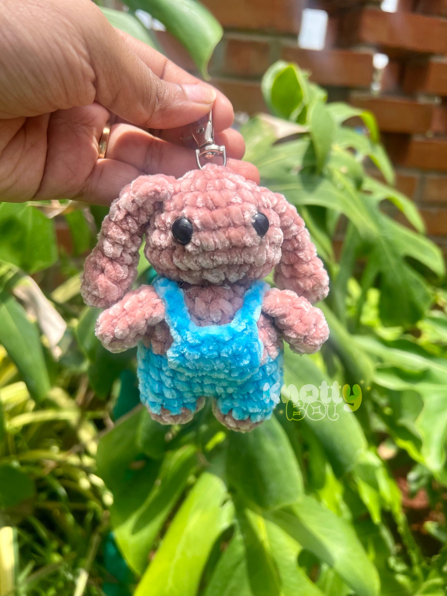 Cute kawaai plush bunny keychain / bag charm in blue overalls in India
