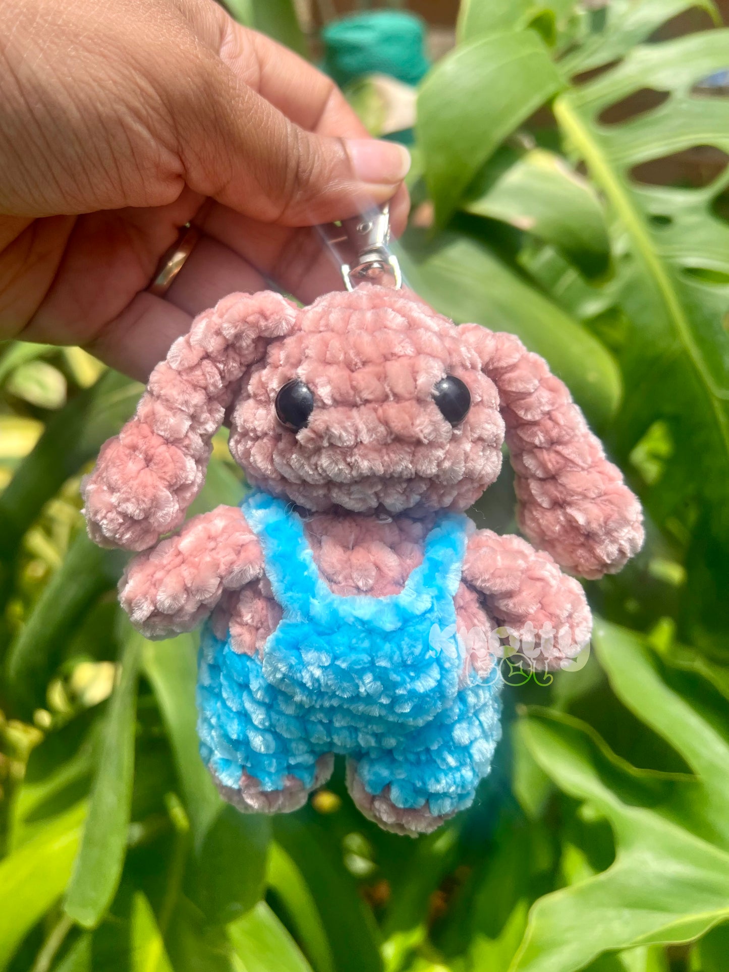 Cute kawaai plush bunny keychain / bag charm in blue overalls in India